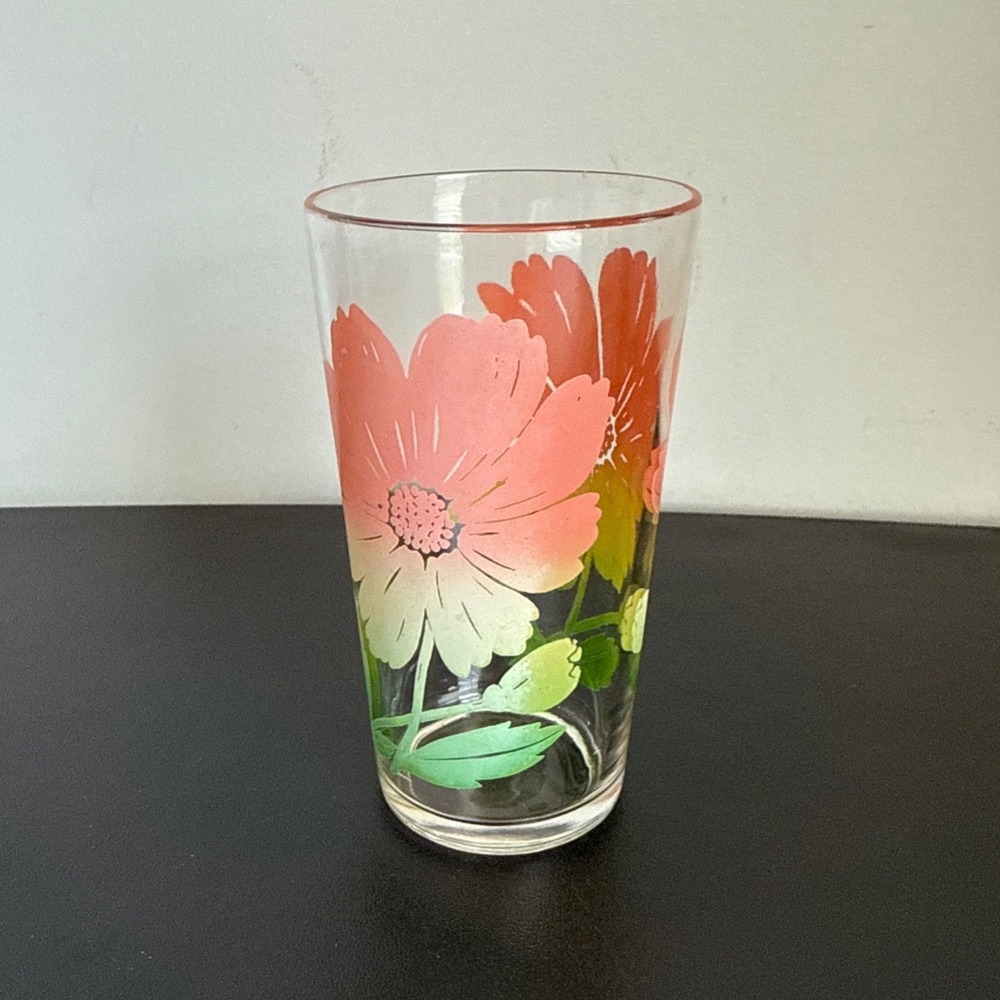 Vintage Federal Glass Pink Hibiscus Flower Tumbler Drinking Glass 4.5" Floral